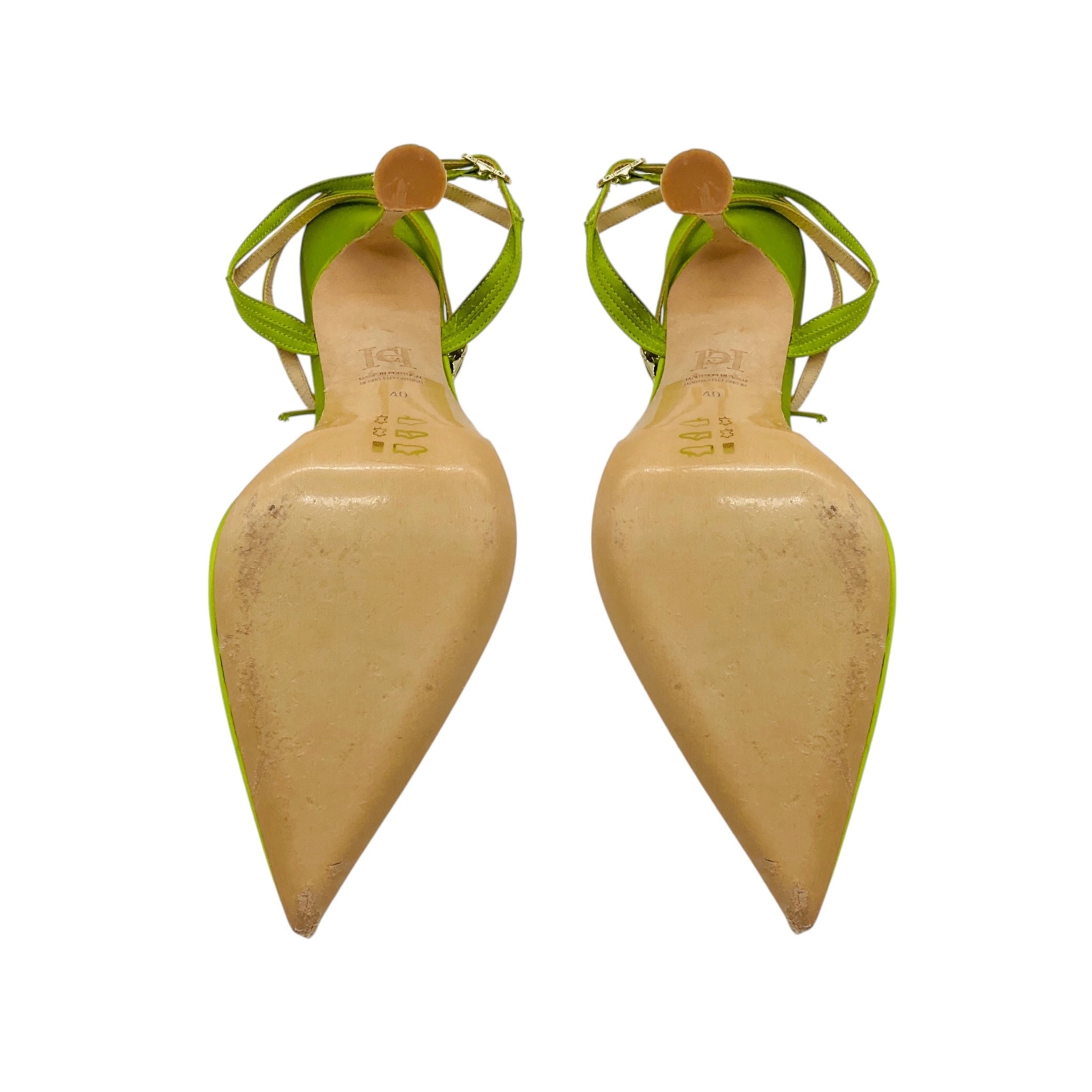 Carolina Herrera Lime Green Pointed Toe Satin Slingback Pumps