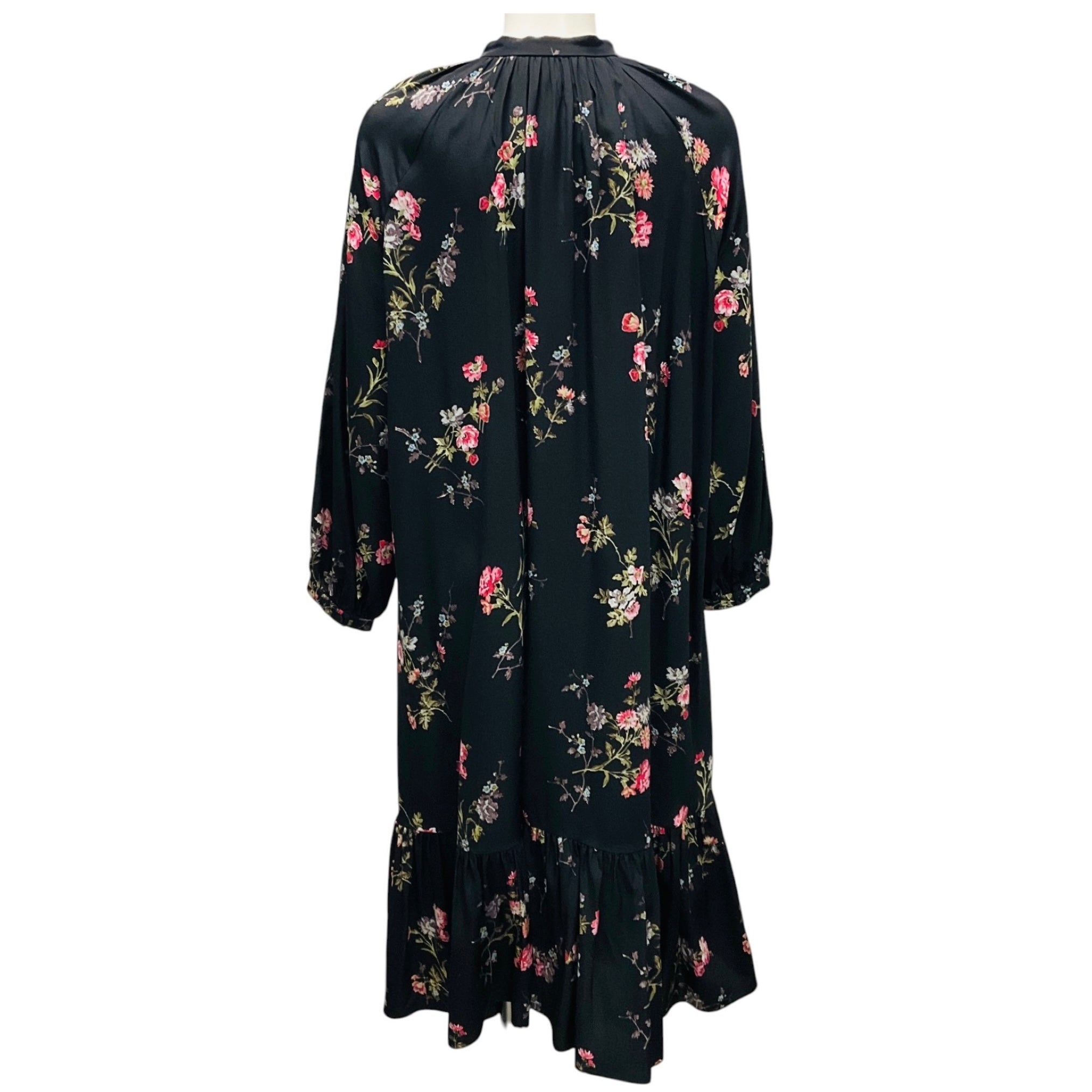 Celine Black Multi Floral Crepe de Chine Folk Dress