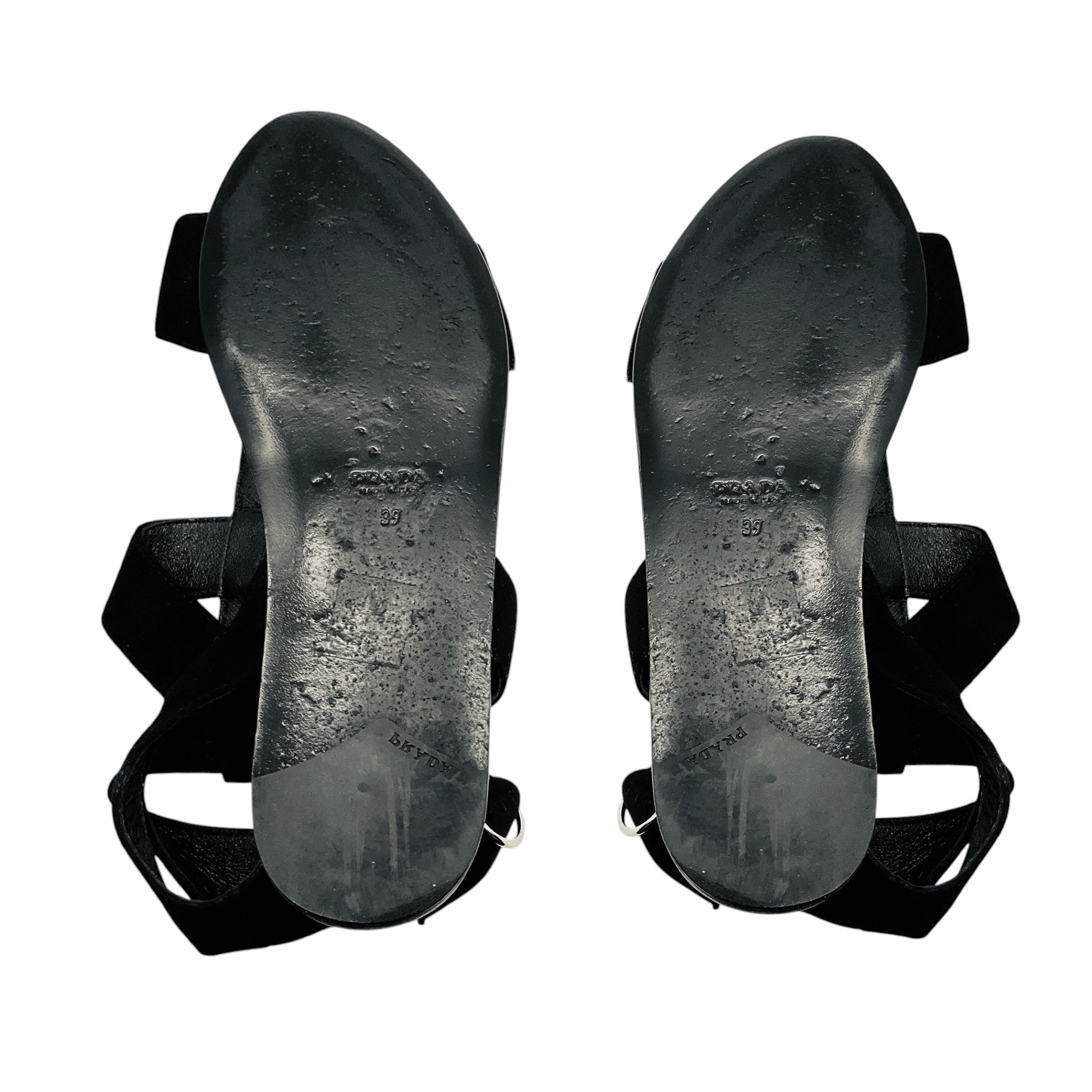 Prada Black / Silver Buckle Strap Suede Leather Flat Sandals