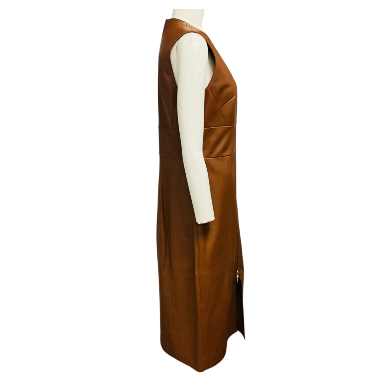 Prabal Gurung Brown Sleeveless V-Neck Lambskin Leather Midi Dress