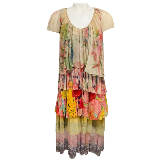 Wunderkind Pink Multi Mixed Print Short Sleeved Tiered Pleated Mesh Tulle Midi Dress