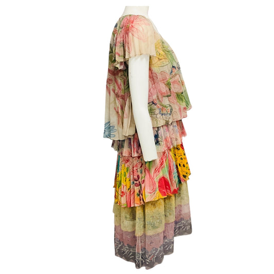 Wunderkind Pink Multi Mixed Print Short Sleeved Tiered Pleated Mesh Tulle Midi Dress