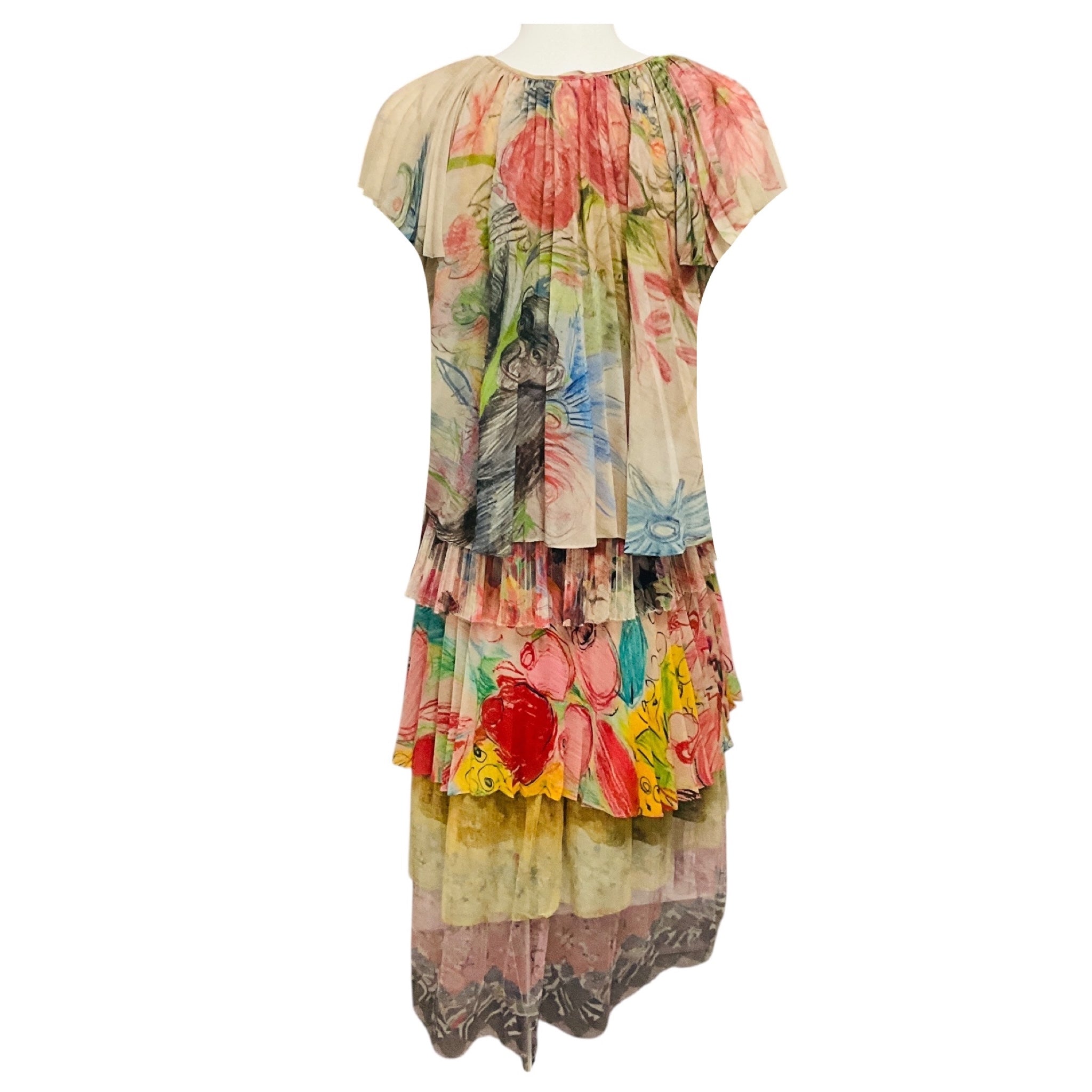Wunderkind Pink Multi Mixed Print Short Sleeved Tiered Pleated Mesh Tulle Midi Dress