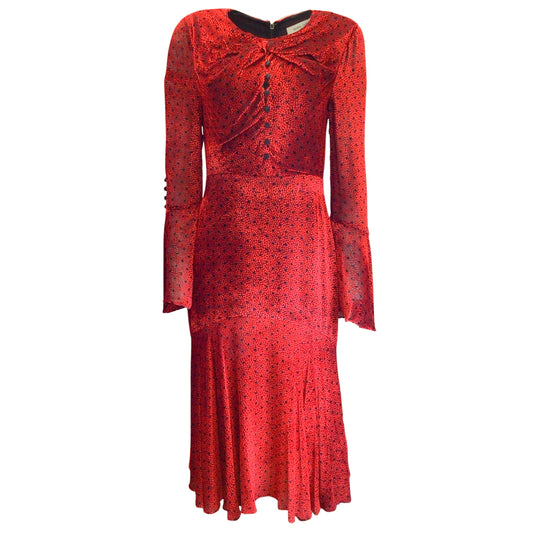 Prabal Gurung Red / Black Velvet Burnout Long Sleeved Midi Dress