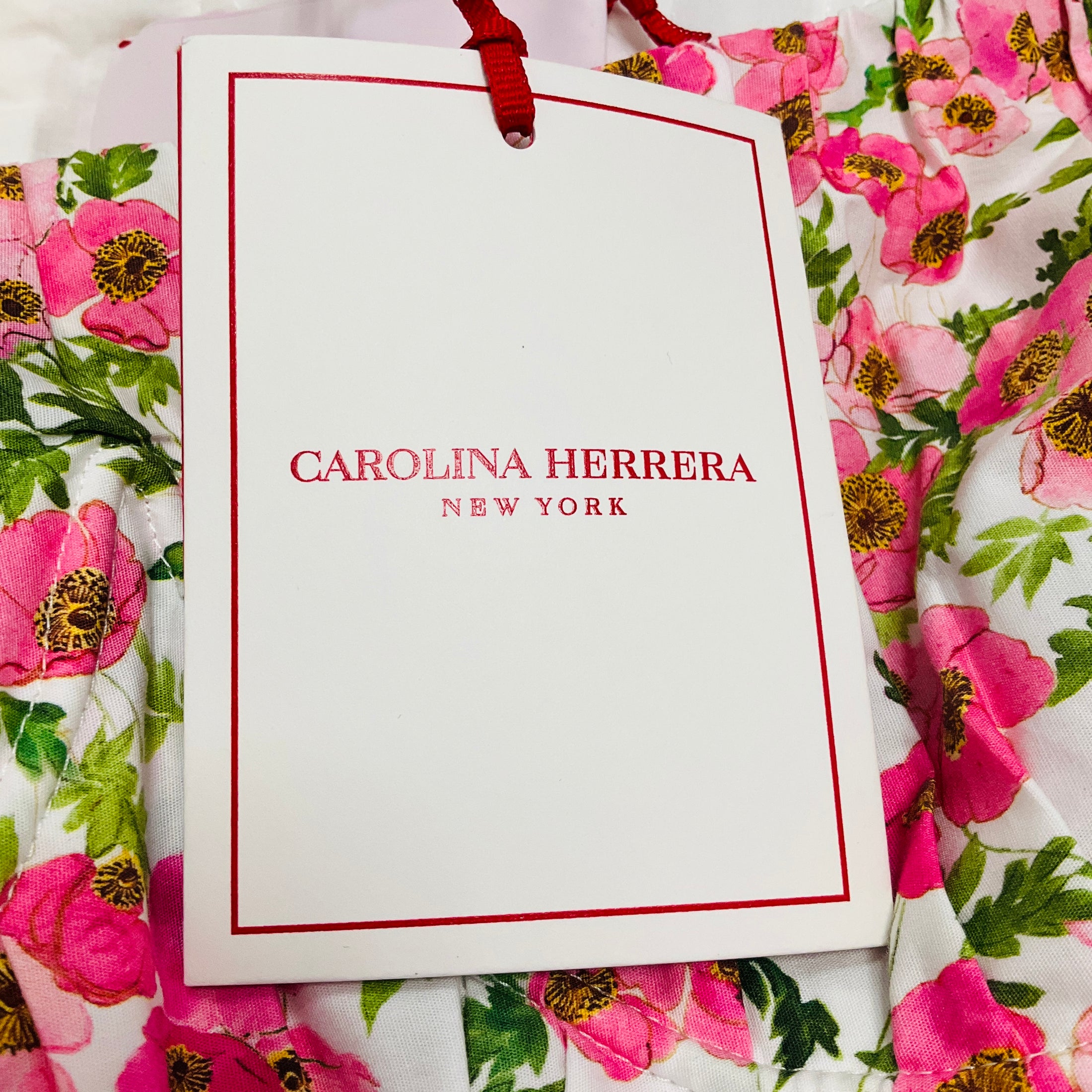 Carolina Herrera White / Pink Multi Off Shoulder Balloon Sleeve Midi Dress with Belt