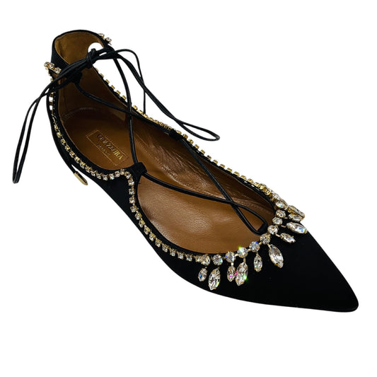 Aquazzura Black Crystal Embellished Satin Christy Jewel Flat