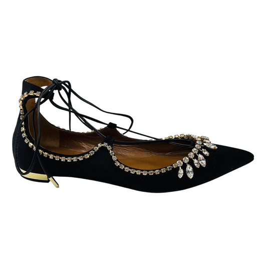 Aquazzura Black Crystal Embellished Satin Christy Jewel Flat