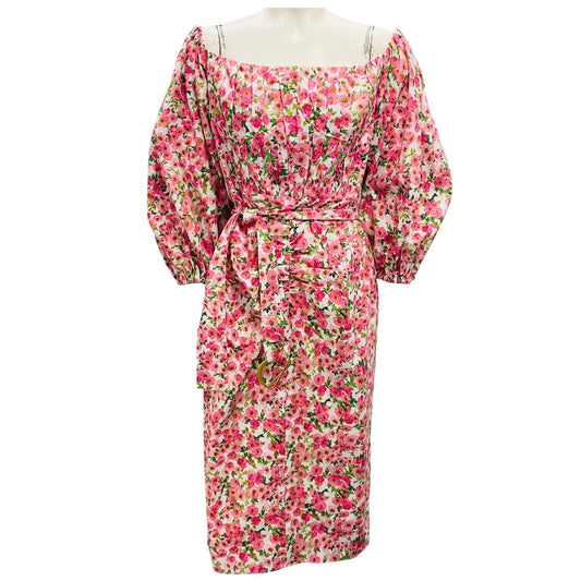 Carolina Herrera White / Pink Multi Off Shoulder Balloon Sleeve Midi Dress with Belt