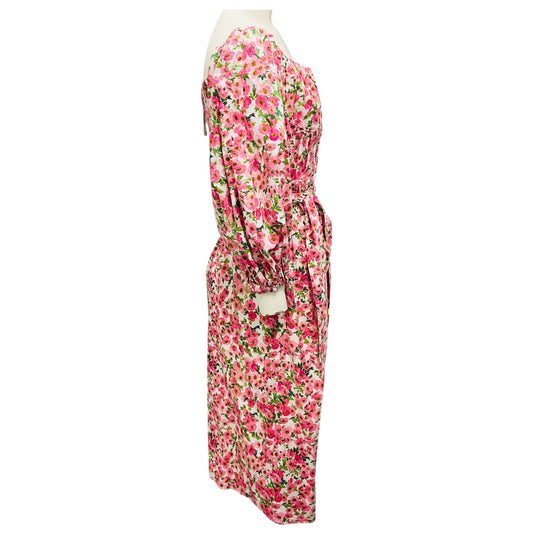 Carolina Herrera White / Pink Multi Off Shoulder Balloon Sleeve Midi Dress with Belt