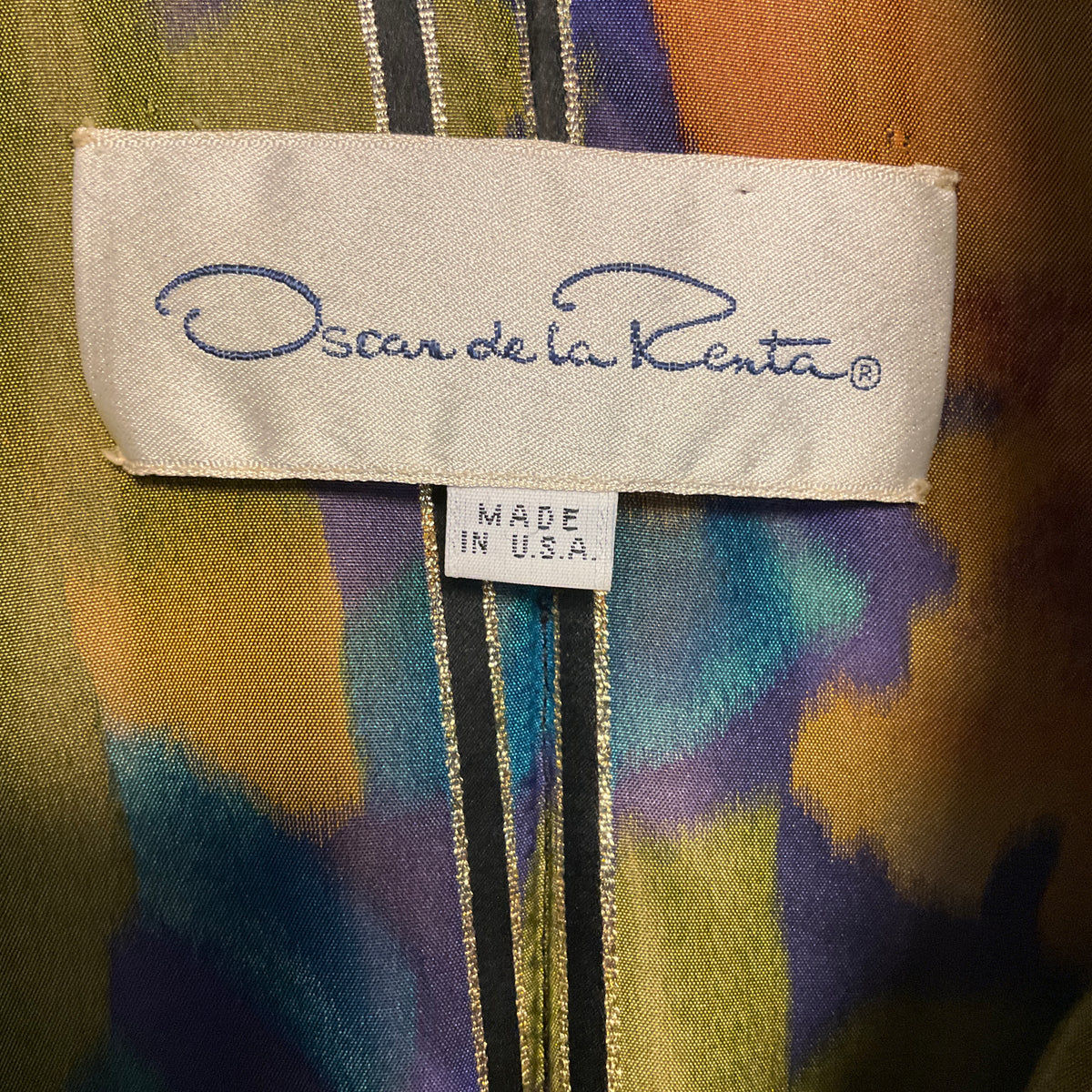 Oscar de la Renta Vintage Magenta / Green / Black / Gold Metallic Multi Floral Puffer Coat
