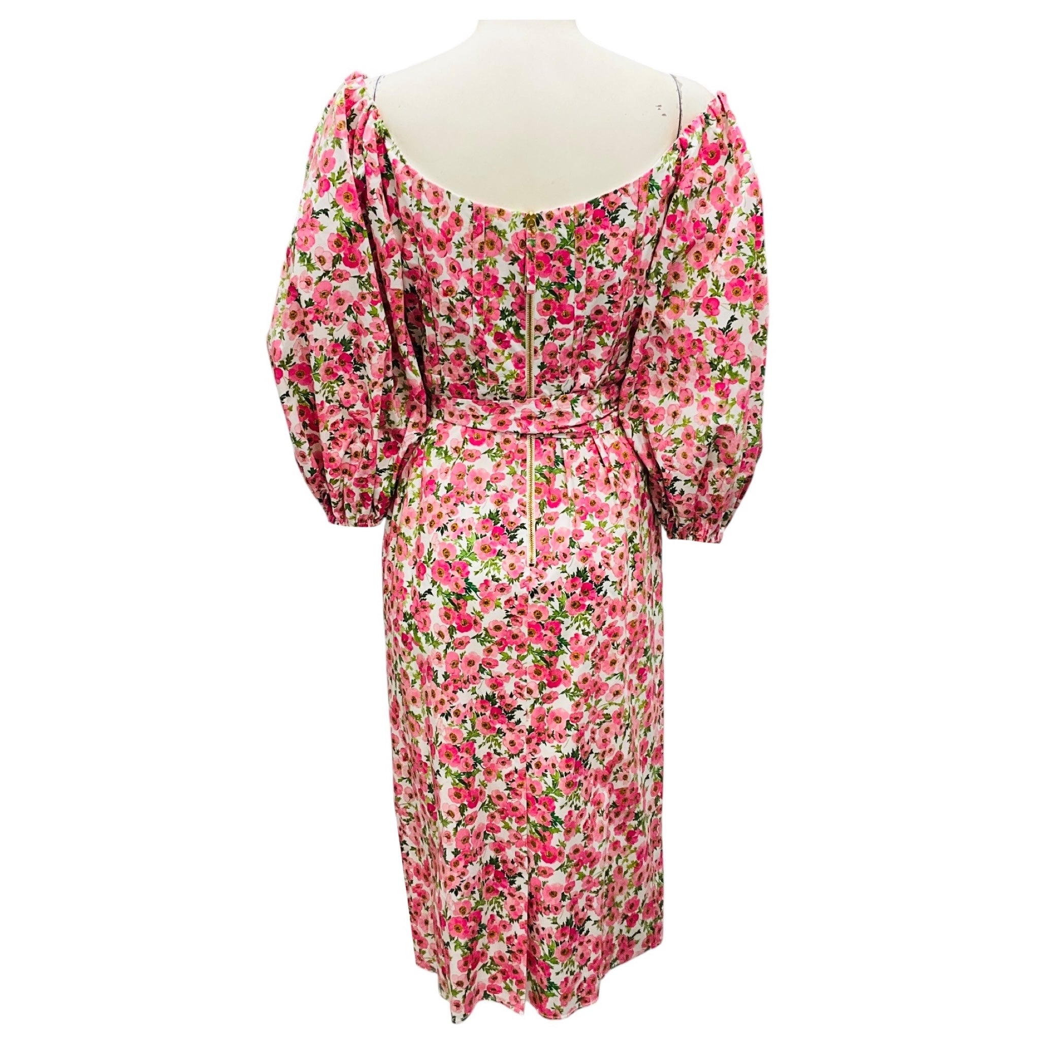 Carolina Herrera White / Pink Multi Off Shoulder Balloon Sleeve Midi Dress with Belt