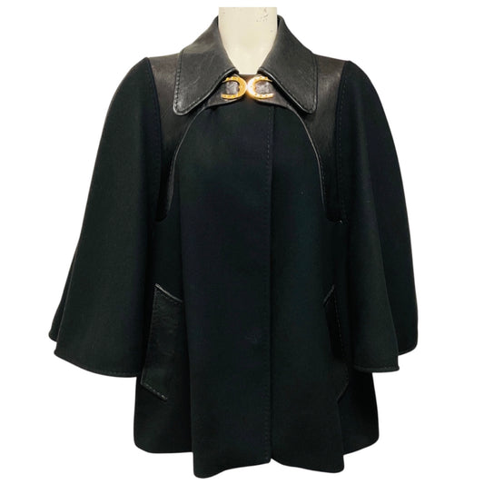 Gucci Black Lambskin Leather Trimmed Wool Cape Style Jacket with Gold Buckle Detail