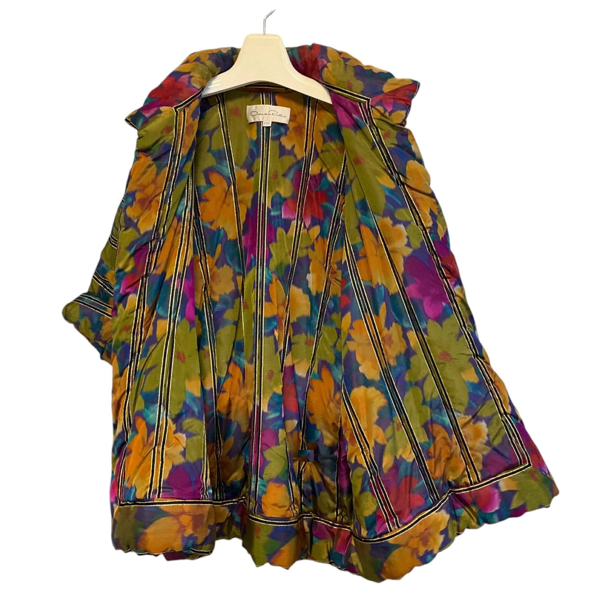 Oscar de la Renta Vintage Magenta / Green / Black / Gold Metallic Multi Floral Puffer Coat