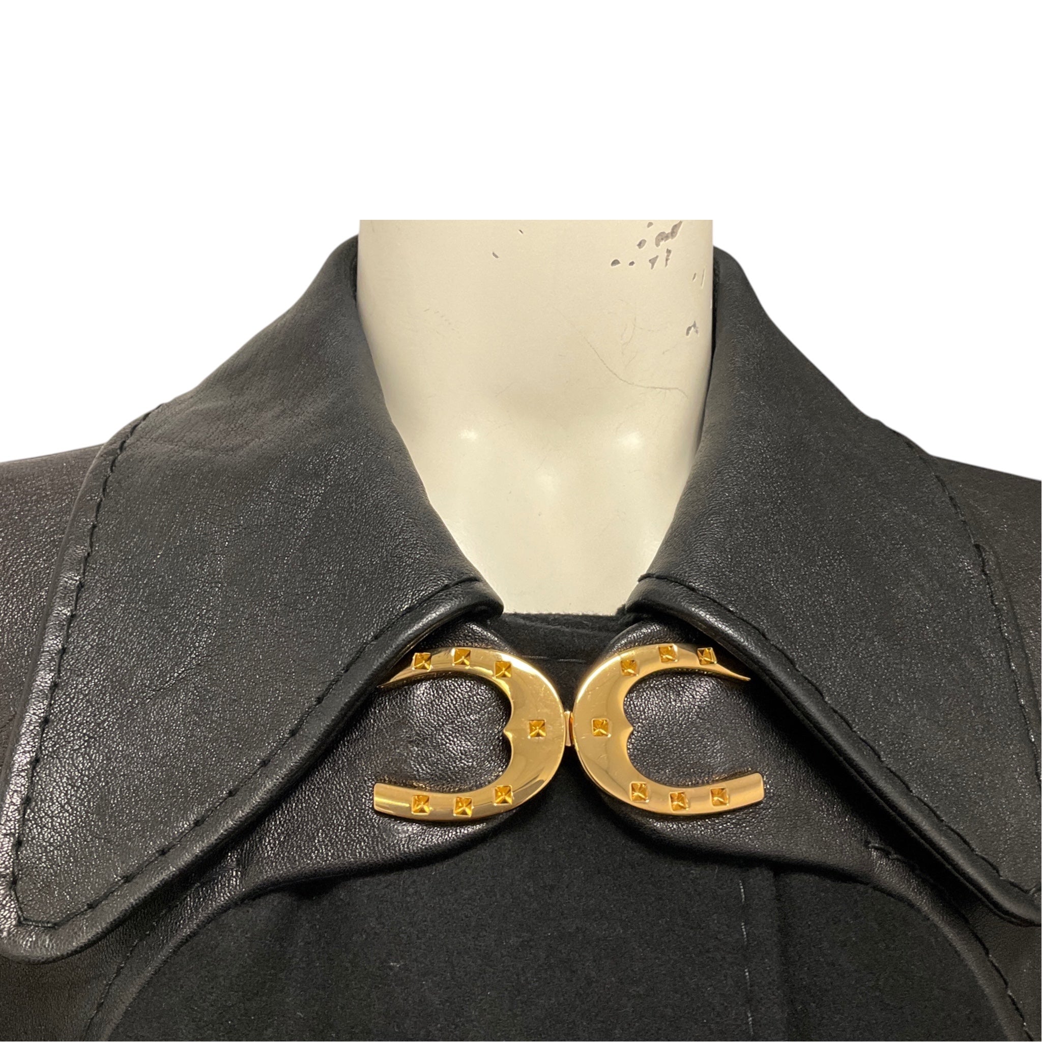 Gucci Black Lambskin Leather Trimmed Wool Cape Style Jacket with Gold Buckle Detail