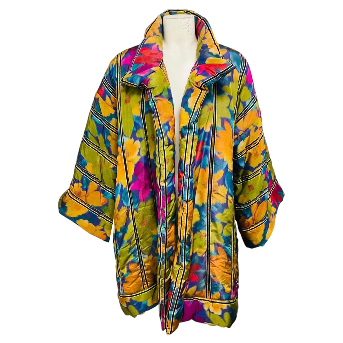 Oscar de la Renta Vintage Magenta / Green / Black / Gold Metallic Multi Floral Puffer Coat