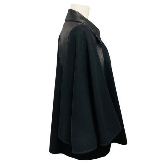 Gucci Black Lambskin Leather Trimmed Wool Cape Style Jacket with Gold Buckle Detail