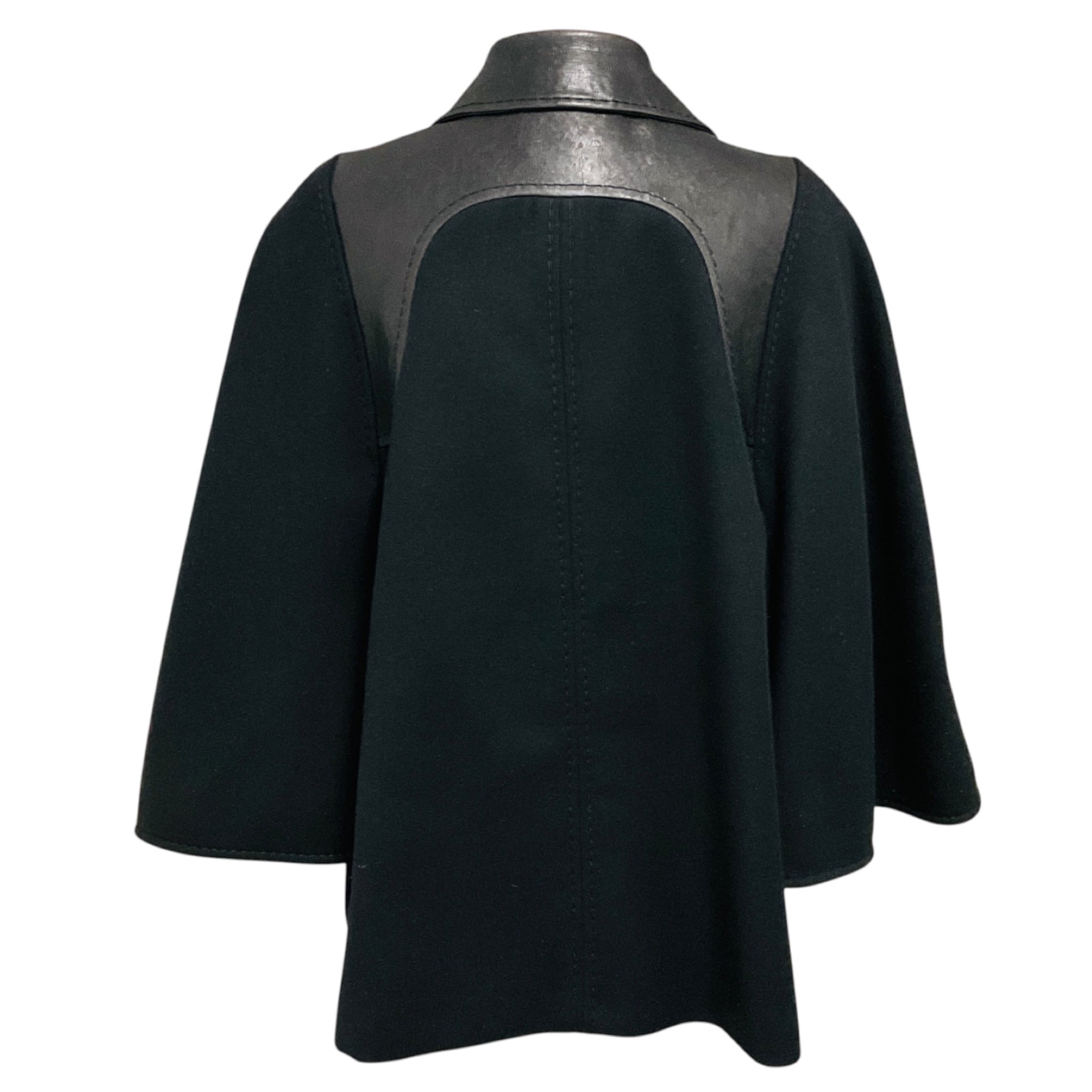 Gucci Black Lambskin Leather Trimmed Wool Cape Style Jacket with Gold Buckle Detail