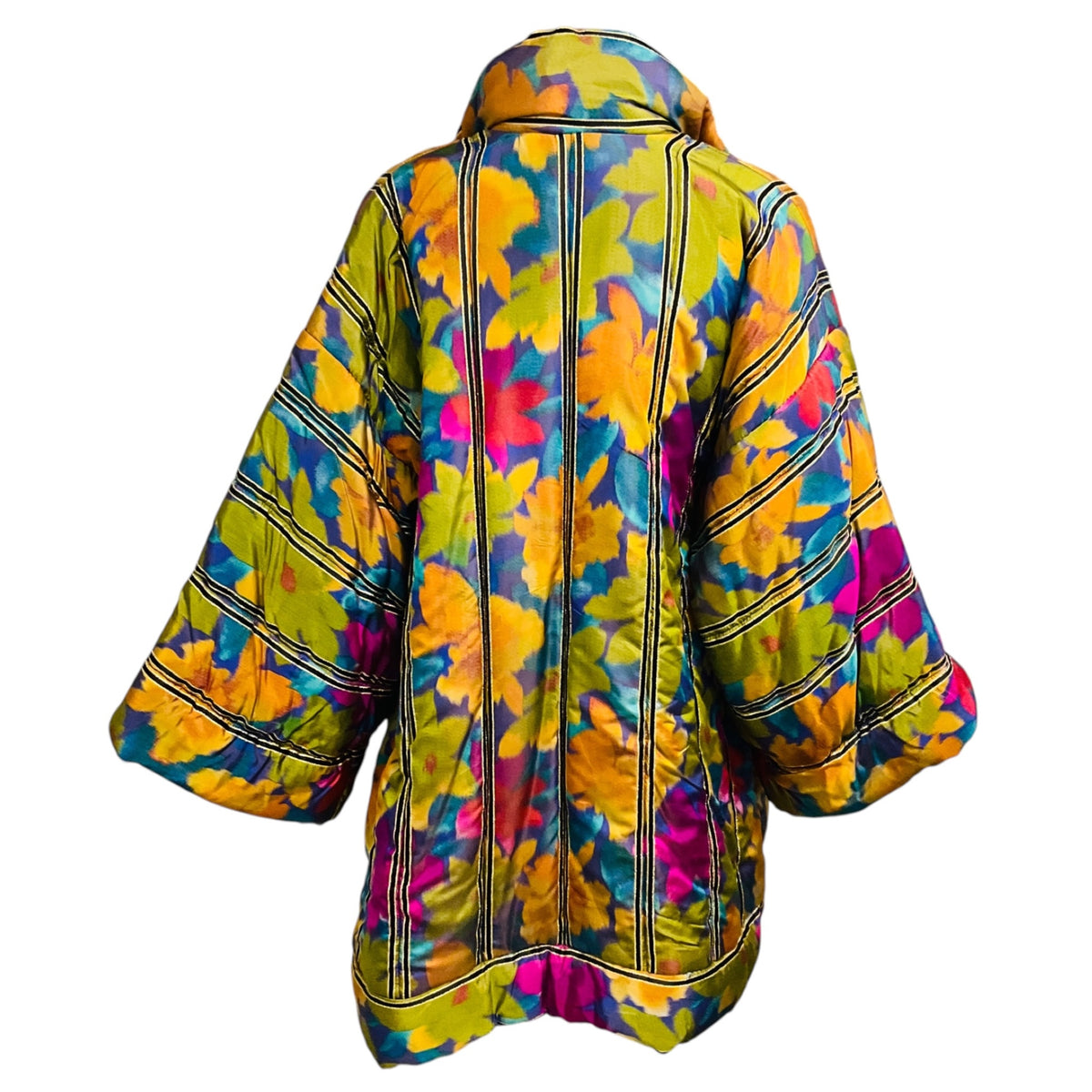 Oscar de la Renta Vintage Magenta / Green / Black / Gold Metallic Multi Floral Puffer Coat