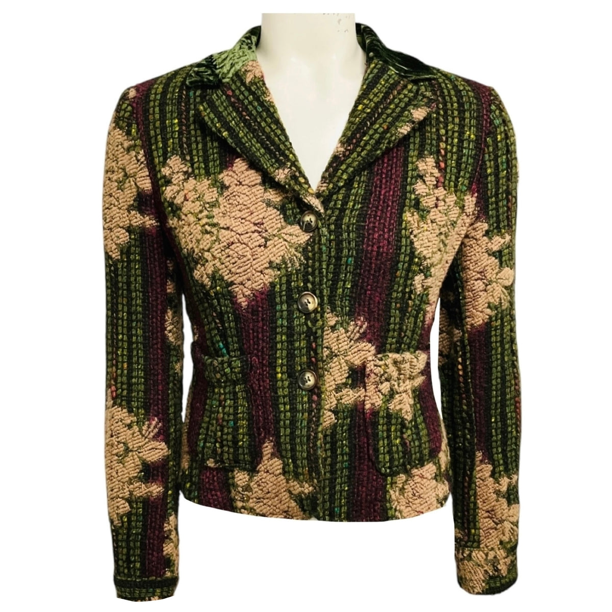 Etro Beige / Olive Green / Purple Multi Embroidered Tweed Jacket