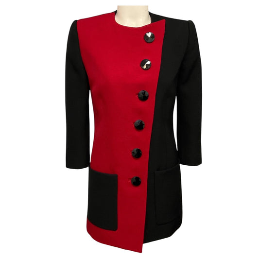 Saint Laurent Noir / Rouge Colorblock Button Front Wool Coat
