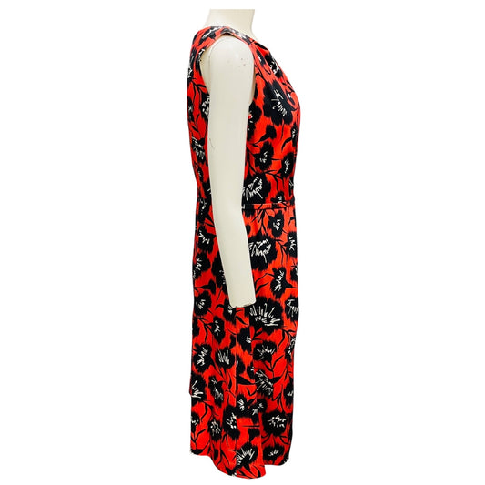 Carolina Herrera Black / White / Coral Printed Sleeveless Stretch Cotton Dress