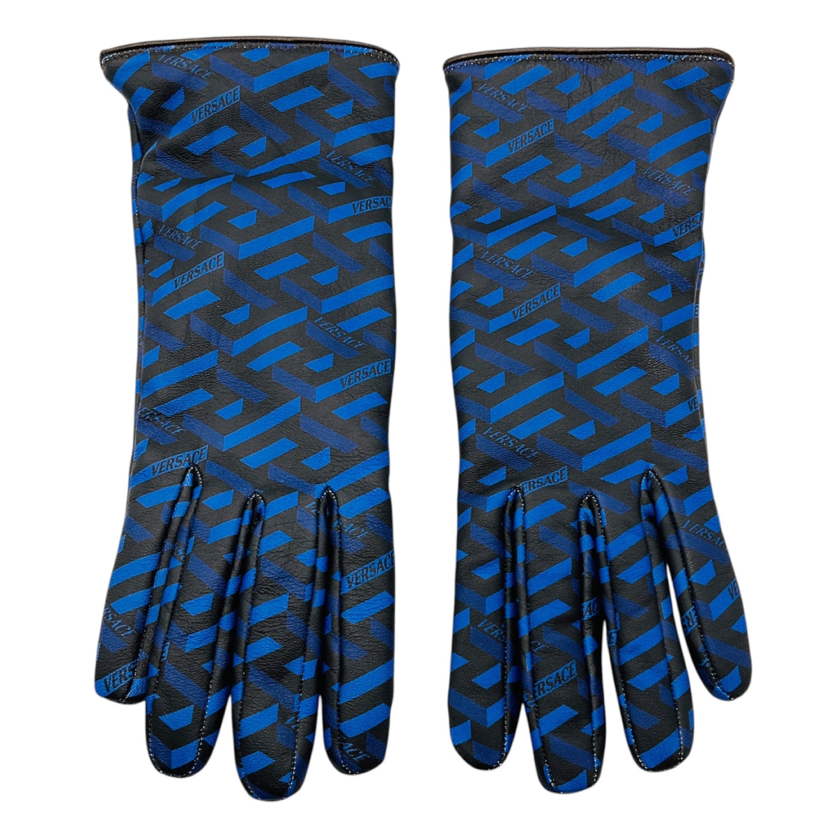 Versace Blue / Black Logo Print Lambskin Leather Gloves
