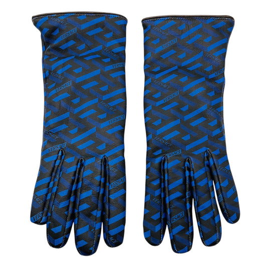 Versace Blue / Black Logo Print Lambskin Leather Gloves