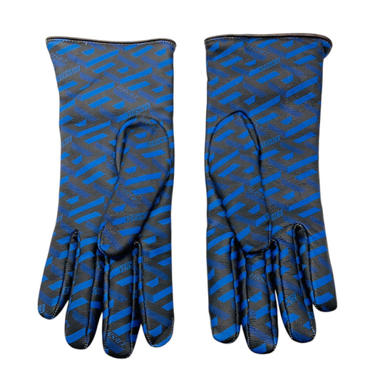 Versace Blue / Black Logo Print Lambskin Leather Gloves