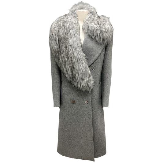 Michael Kors Collection Grey Banker Melange Wool Melton and Faux Fur Double Breasted Coat