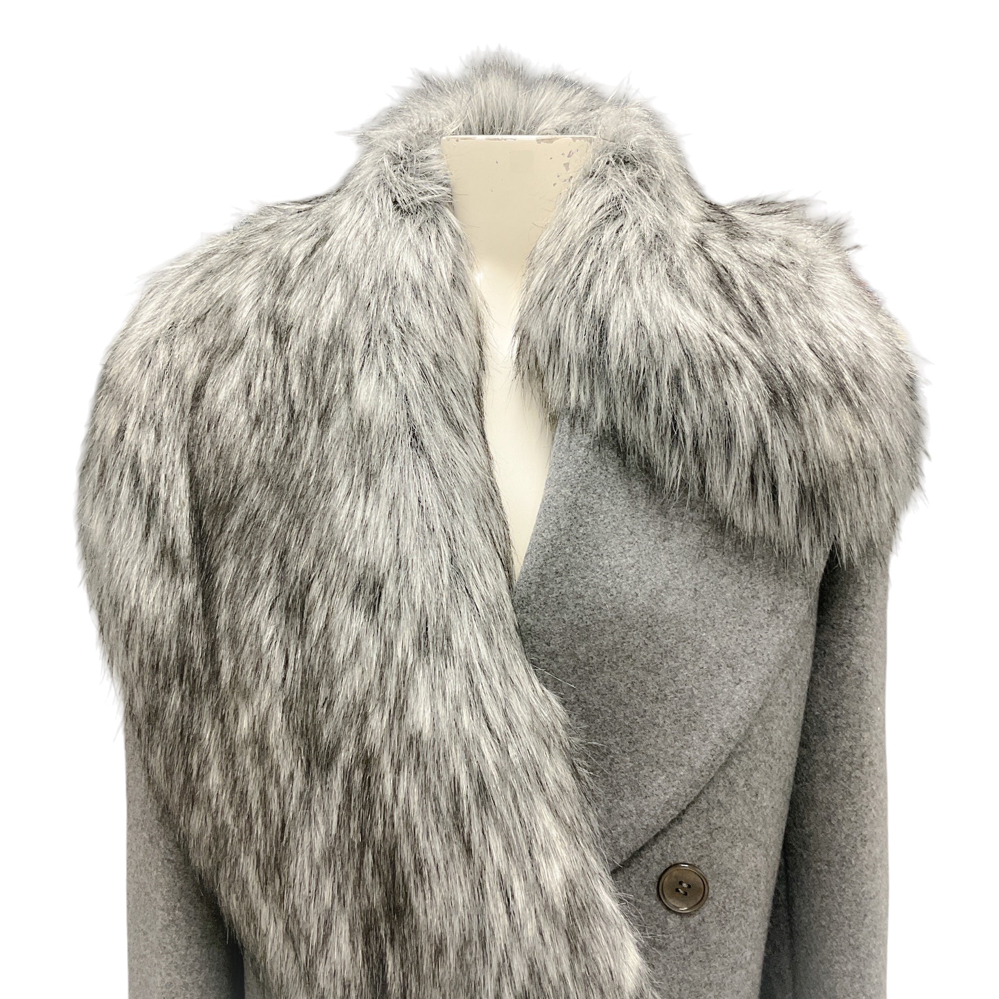 Michael Kors Collection Grey Banker Melange Wool Melton and Faux Fur Double Breasted Coat