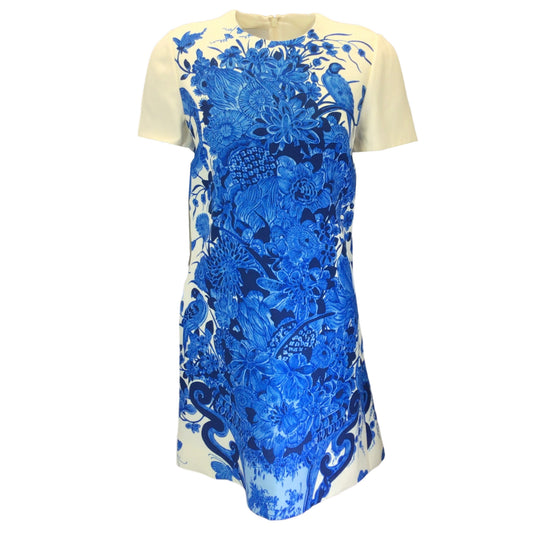 Valentino Ivory / Blue 2020 Floral Printed Short Sleeved Wool and Silk Crepe Dress