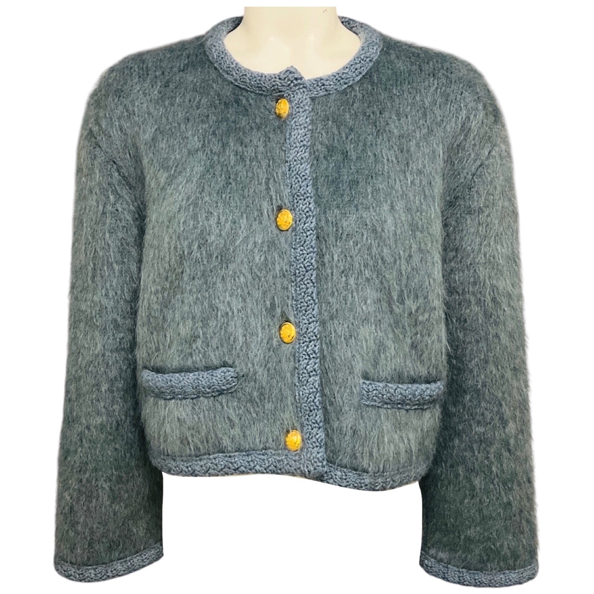 Celine Blue Brushed Mohair Cropped Cardigan Sweater with Gold Buttons
