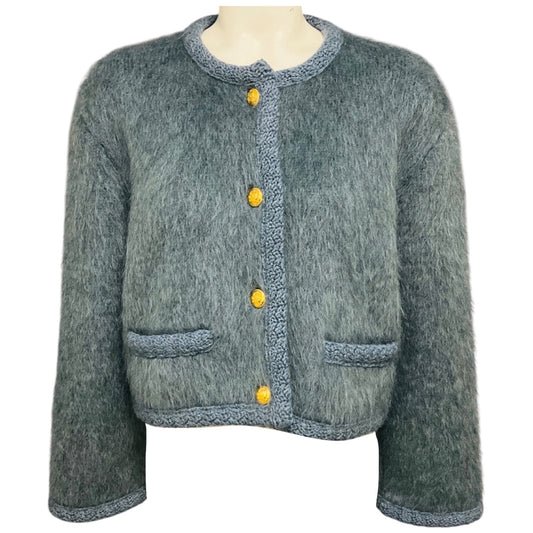 Celine Blue Brushed Mohair Cropped Cardigan Sweater with Gold Buttons