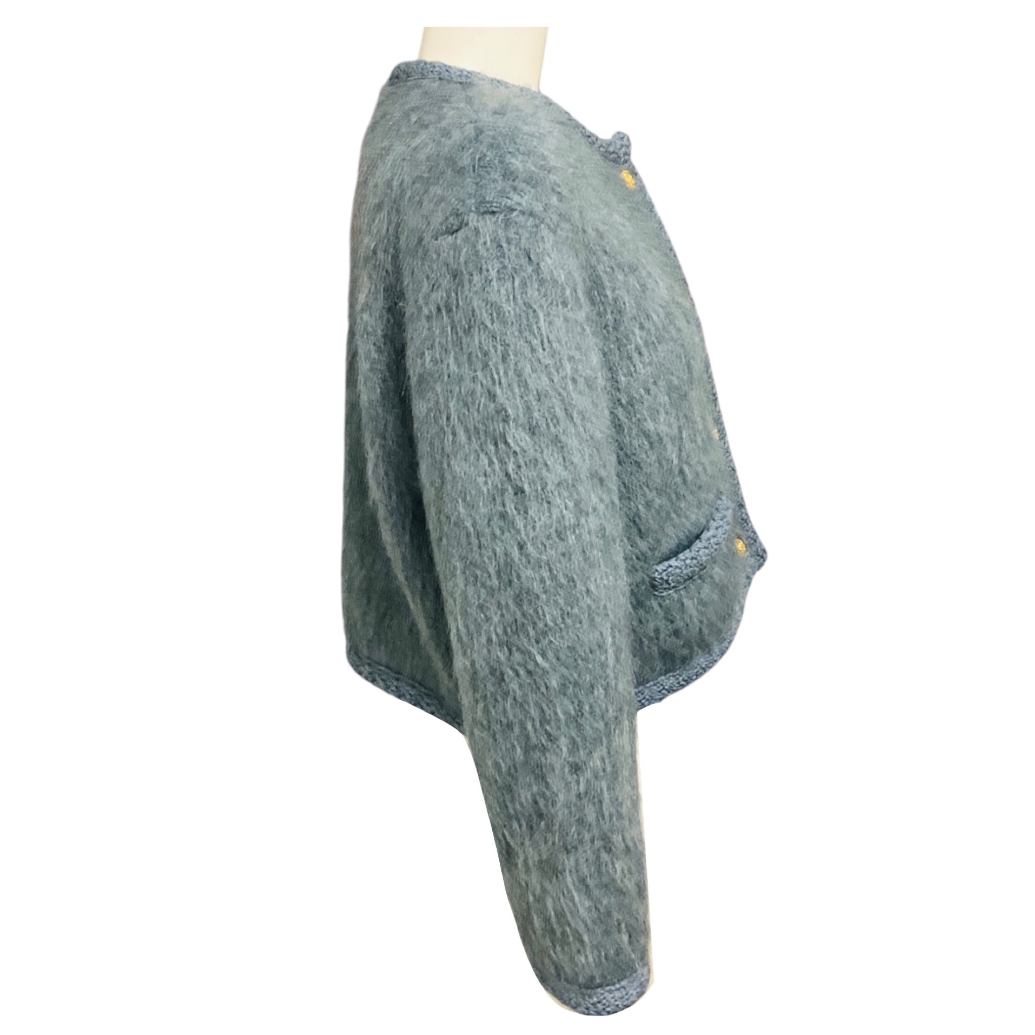Celine Blue Brushed Mohair Cropped Cardigan Sweater with Gold Buttons