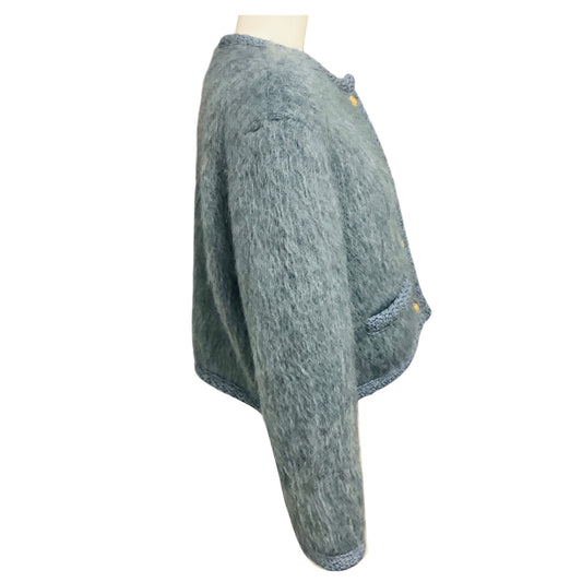 Celine Blue Brushed Mohair Cropped Cardigan Sweater with Gold Buttons
