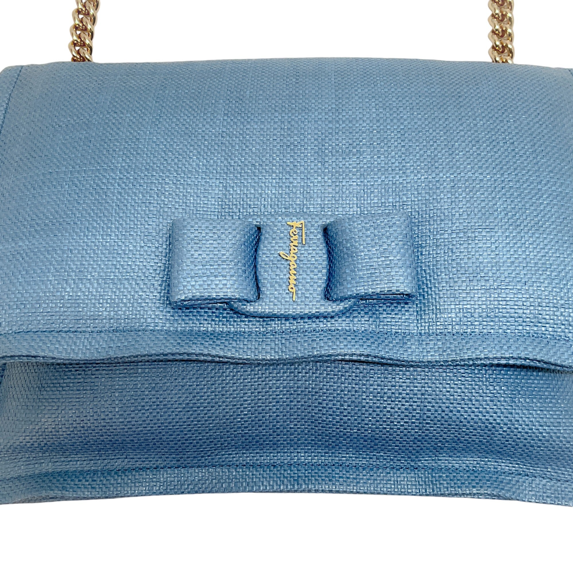 Ferragamo Light Blue Puffy Raffia Viva Bag