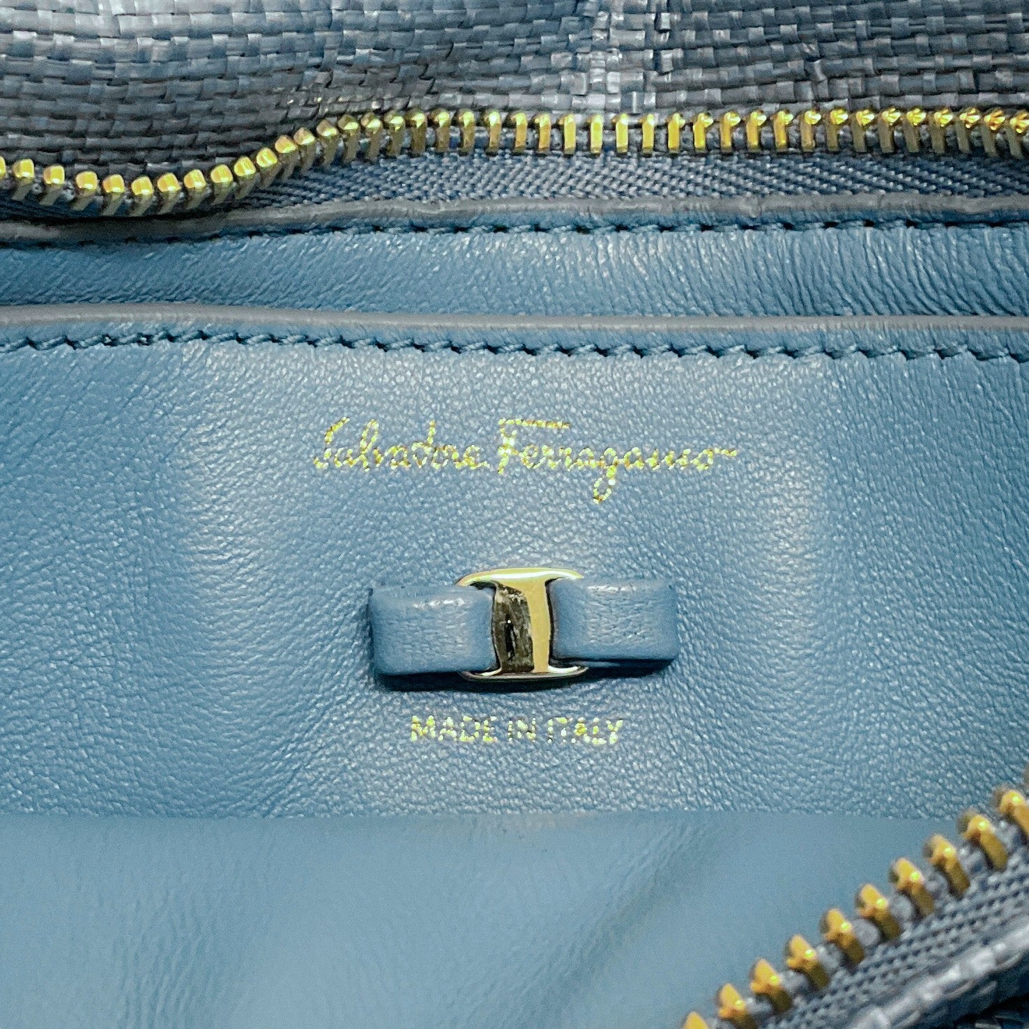 Ferragamo Light Blue Puffy Raffia Viva Bag