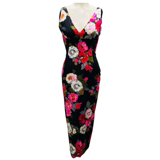 Dolce & Gabbana Black Multi Rose Printed Silk Midi Cocktail Dress