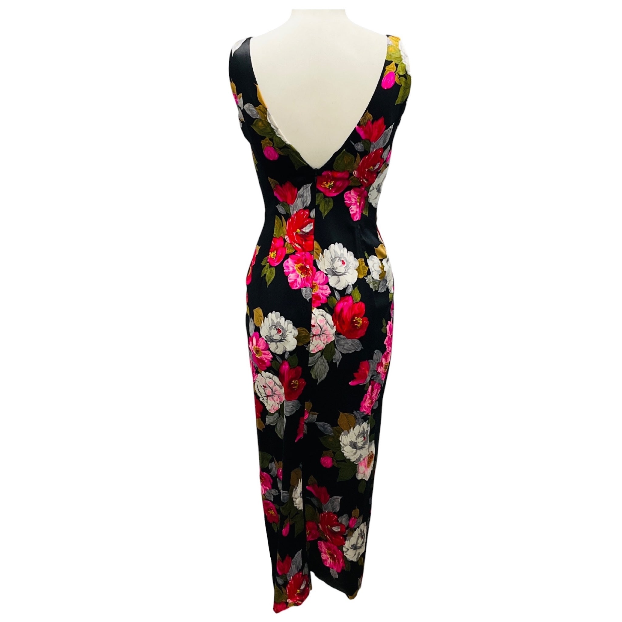 Dolce & Gabbana Black Multi Rose Printed Silk Midi Cocktail Dress