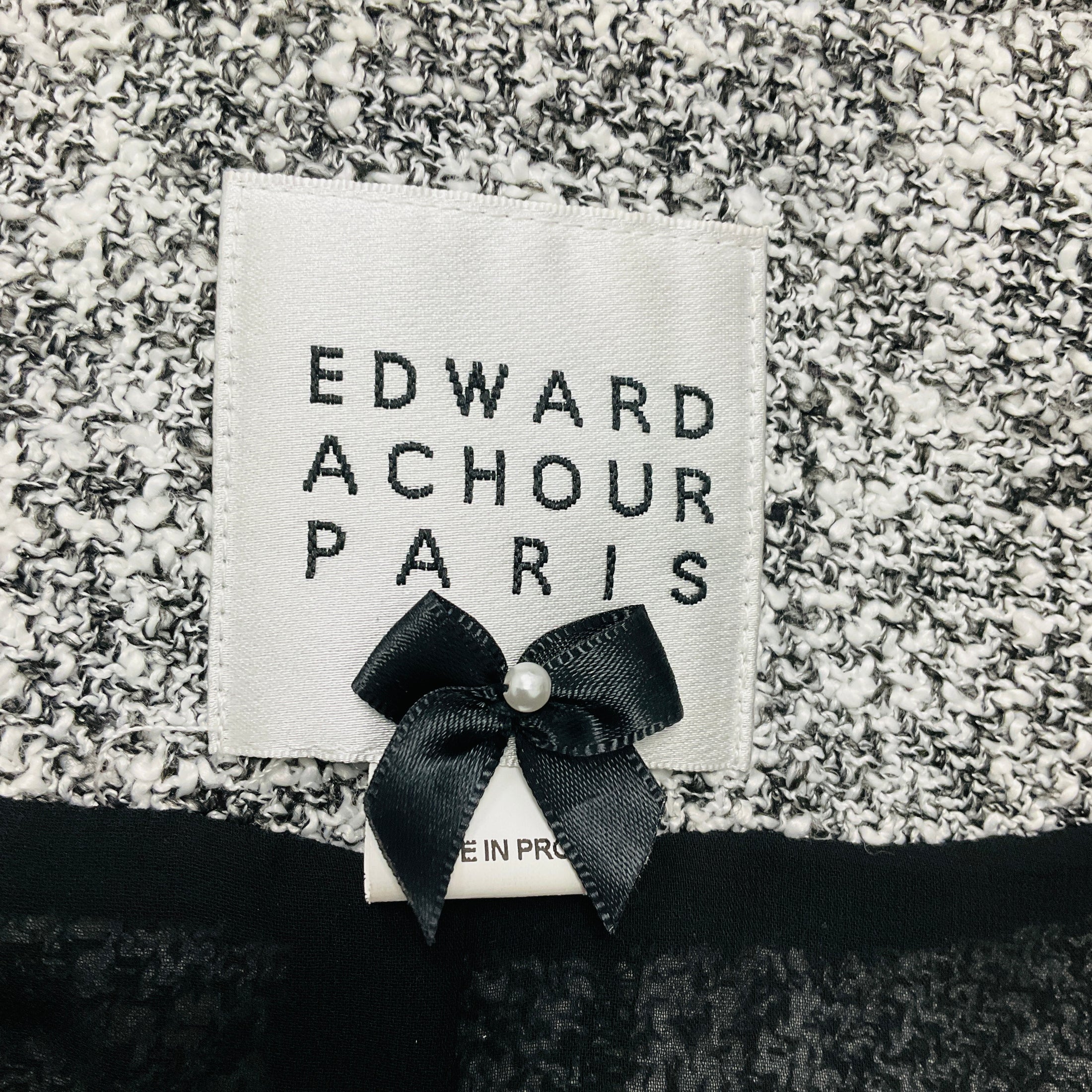 Edward Achour Black / White Fringed Tweed Jacket with Floral Applique