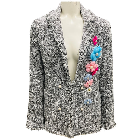 Edward Achour Black / White Fringed Tweed Jacket with Floral Applique