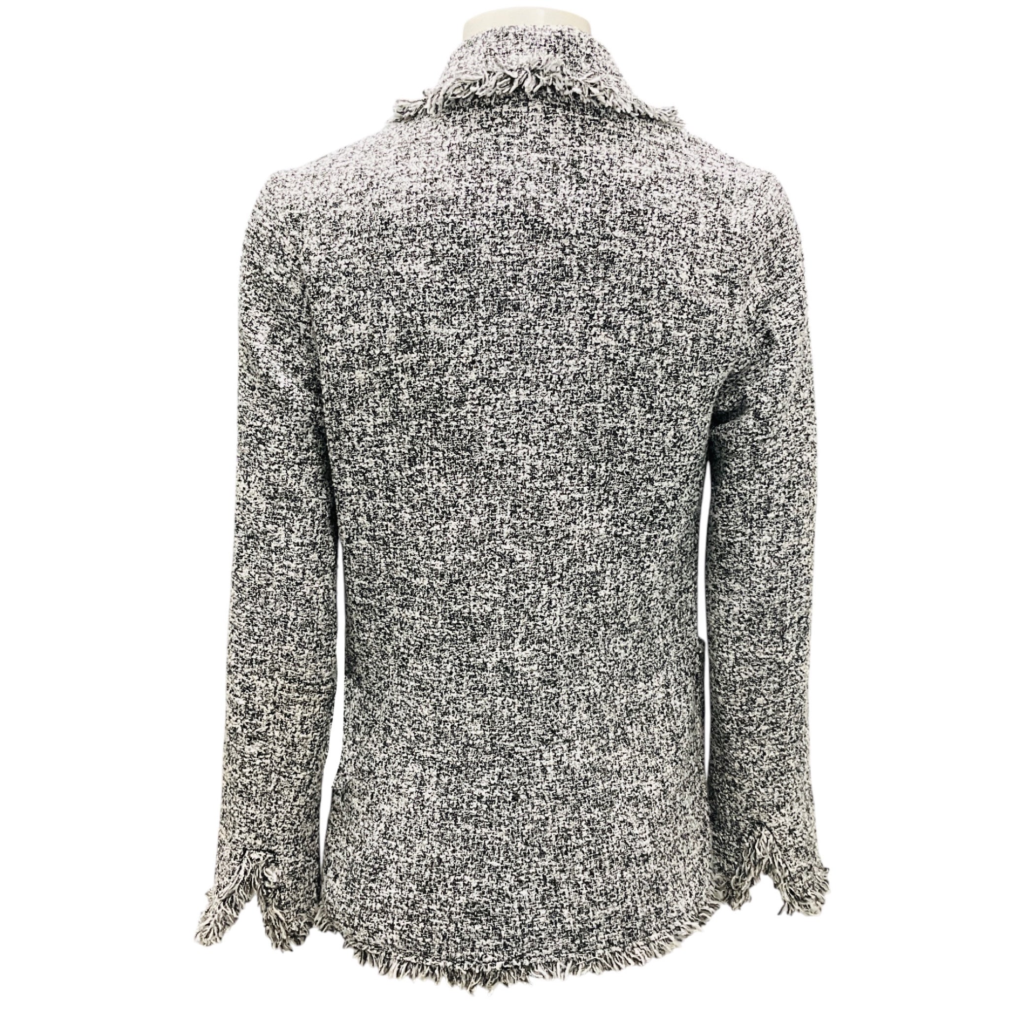 Edward Achour Black / White Fringed Tweed Jacket with Floral Applique