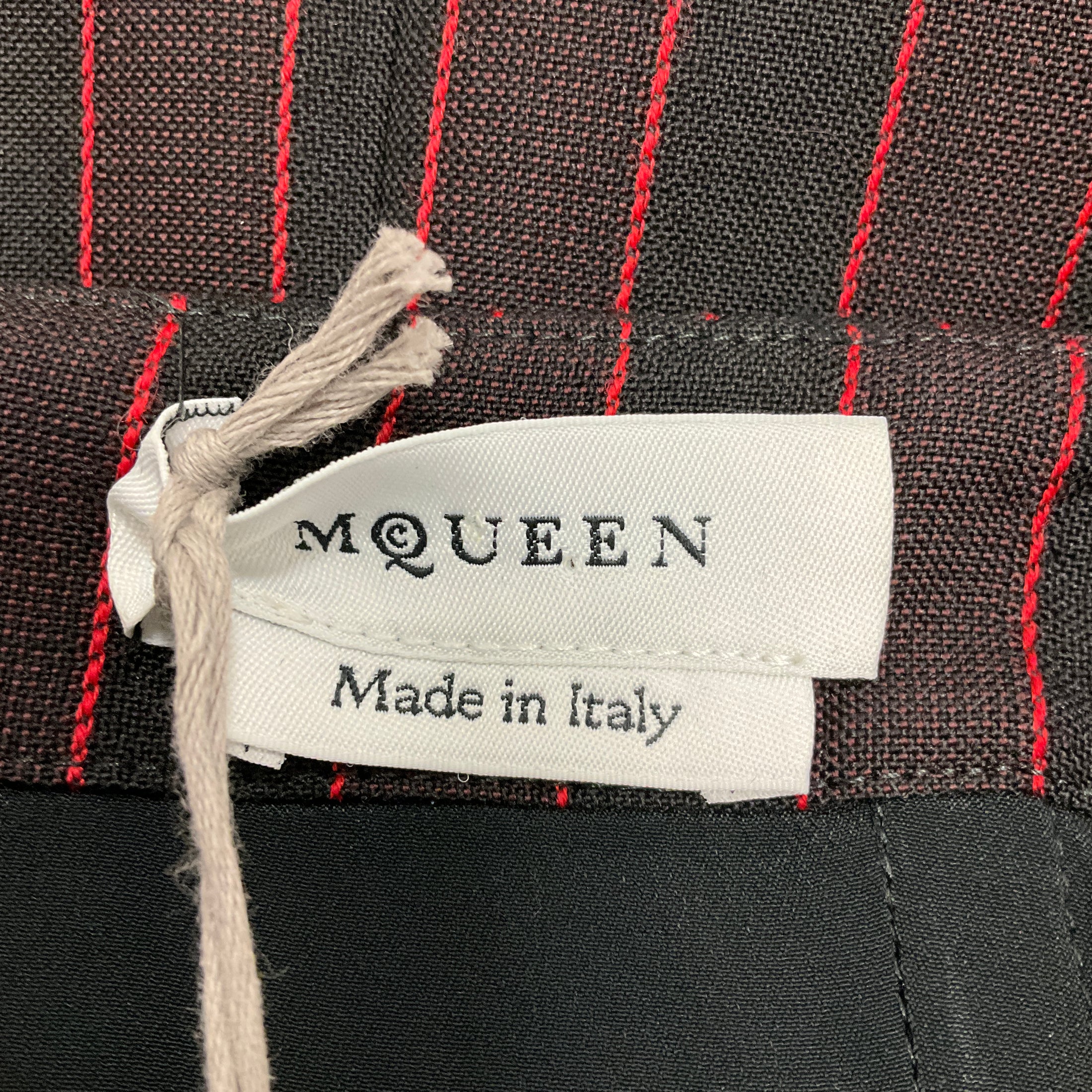 Alexander McQueen Black / Burgundy 2024 Pinstripe Strapless Mini Day Dress