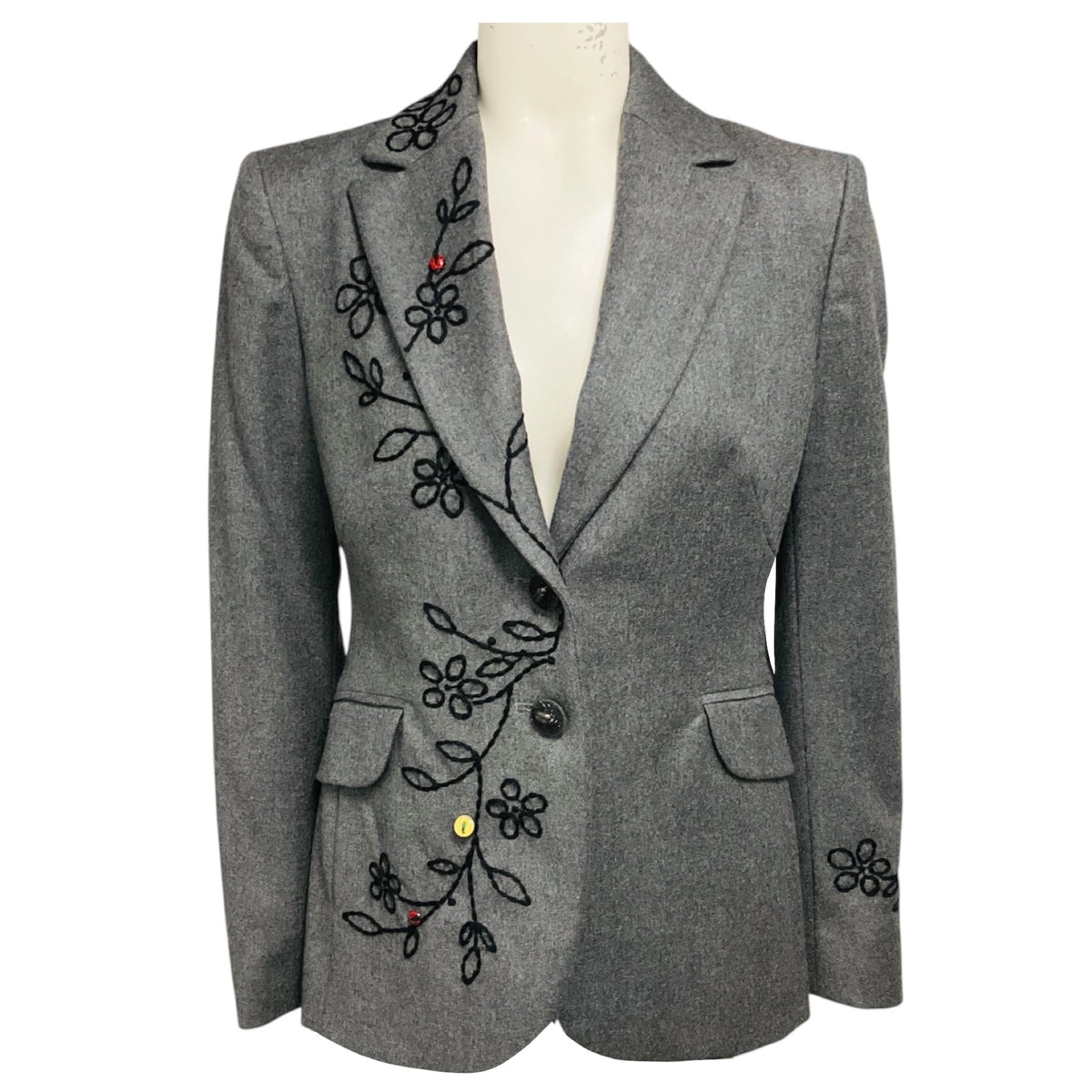Moschino Cheap and Chic Grey / Black Floral Embroidered Wool Blazer with Ladybug Embellishments