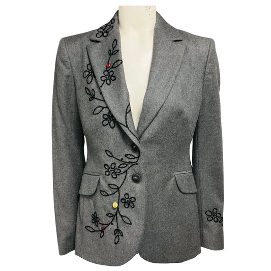 Moschino Cheap and Chic Grey / Black Floral Embroidered Wool Blazer with Ladybug Embellishments