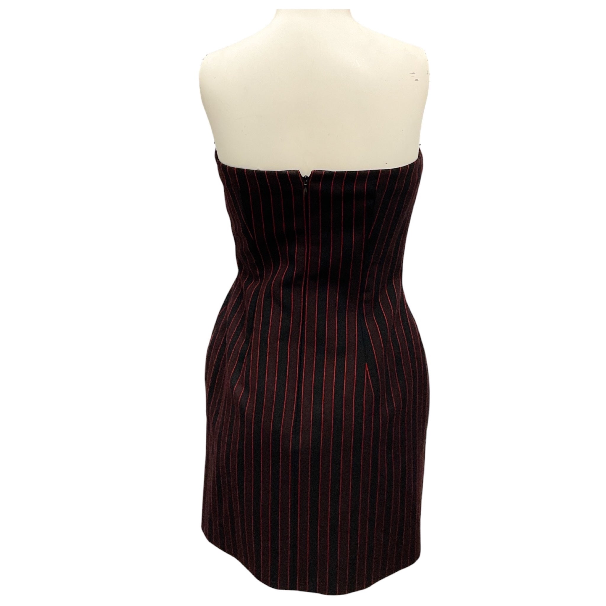Alexander McQueen Black / Burgundy 2024 Pinstripe Strapless Mini Day Dress
