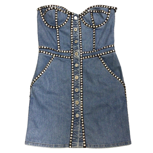 Moschino Couture Blue 2020 Crystal Embellished Strapless Denim Mini Dress