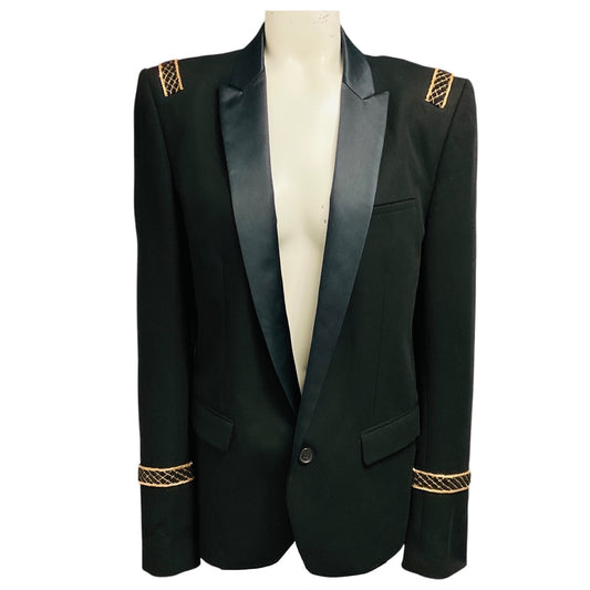 Balmain Black / Gold Chain Embellished Cotton Tuxedo Style Blazer Jacket