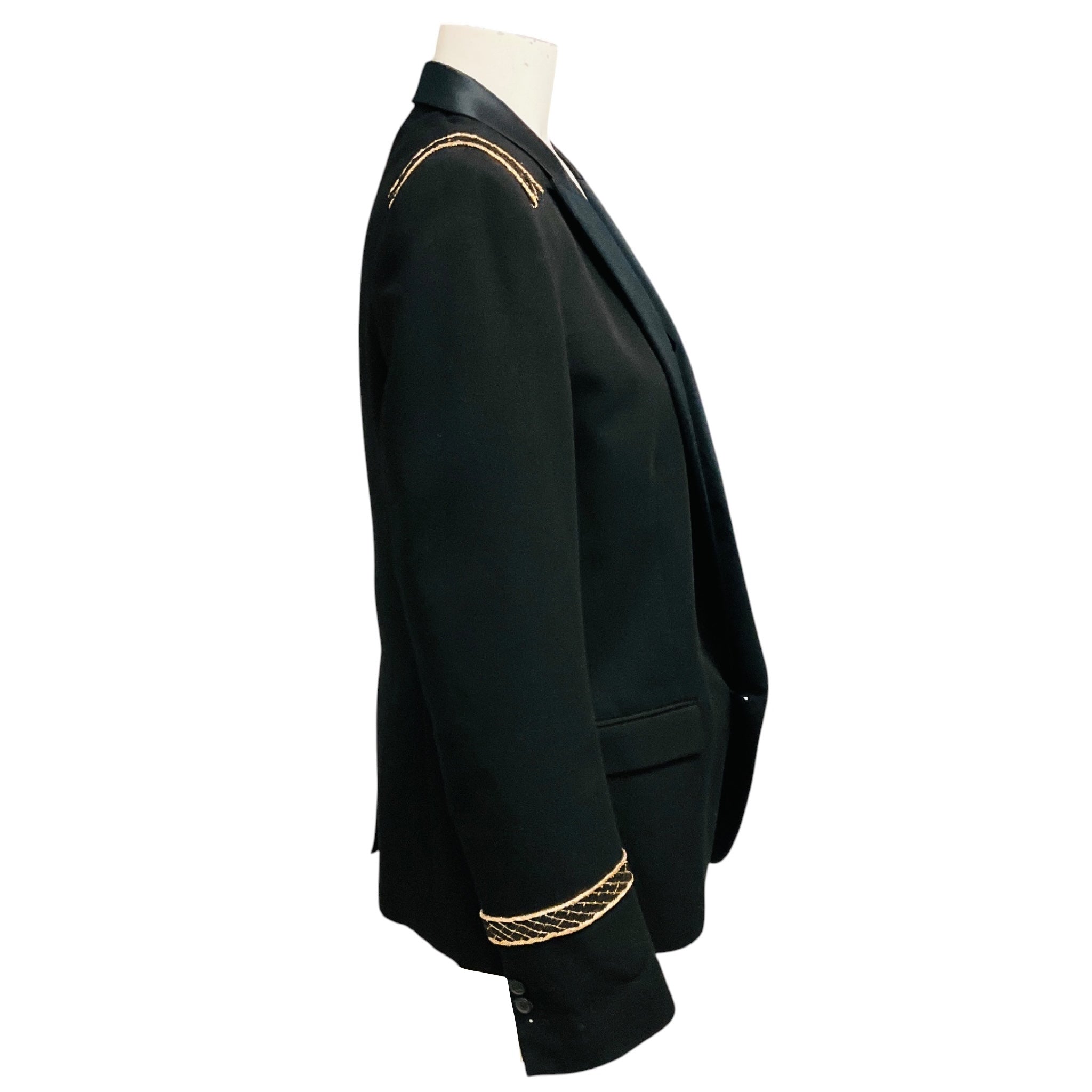 Balmain Black / Gold Chain Embellished Cotton Tuxedo Style Blazer Jacket