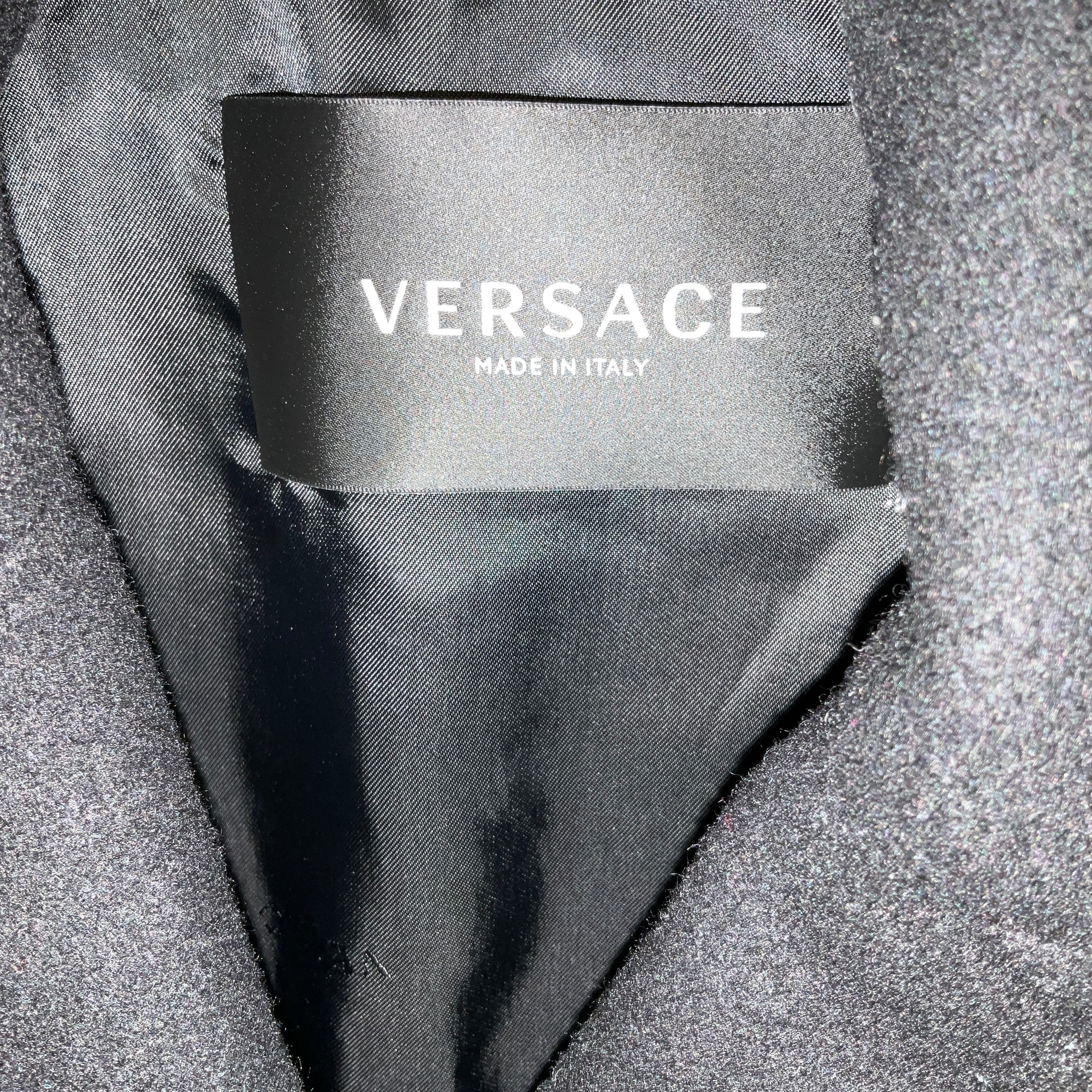 Versace Black Double Breasted Wool Pea Coat with Gold Medusa Medallion and Crystal Buttons